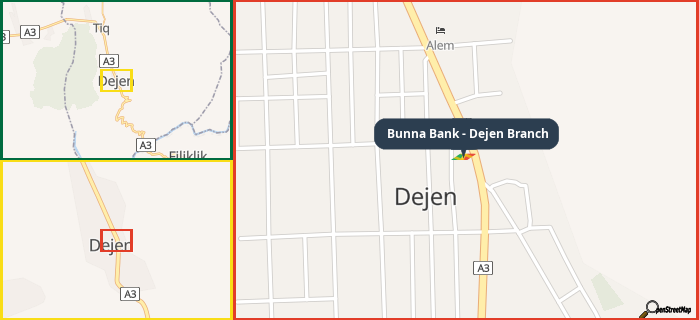 Map showing the address of Bunna Bank - Dejen Branch in three different zoom levels.