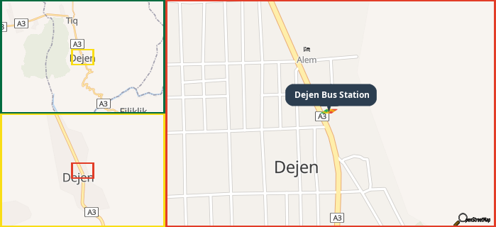 Map showing the address of Dejen Bus Station in three different zoom levels.