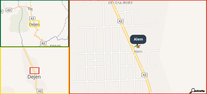 Map showing the address of Alem in three different zoom levels.
