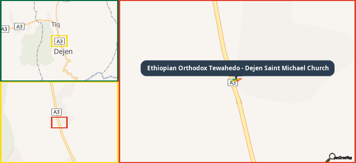 Map showing the address of Ethiopian Orthodox Tewahedo - Dejen Saint Michael Church in three different zoom levels.