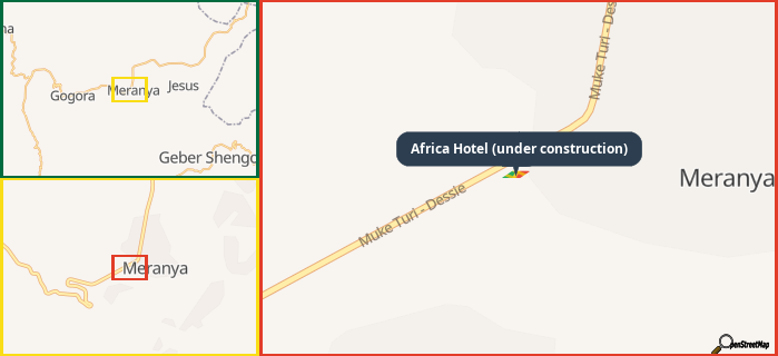 Map showing the address of Africa Hotel (under construction) in three different zoom levels.