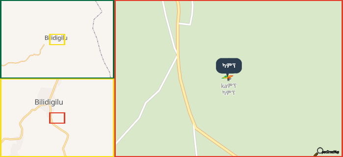 Map showing the address of ካምፕ in three different zoom levels.