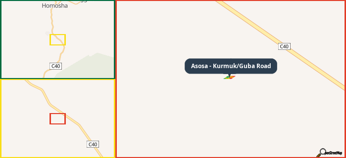Map showing the address of Asosa - Kurmuk/Guba Road in three different zoom levels.