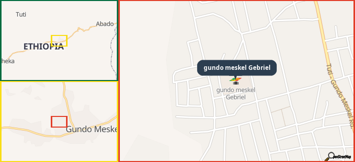 Map showing the address of gundo meskel Gebriel in three different zoom levels.