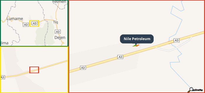 Map showing the address of Nile Petroleum in three different zoom levels.