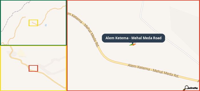 Map showing the address of Alem Ketema - Mehal Meda Road in three different zoom levels.