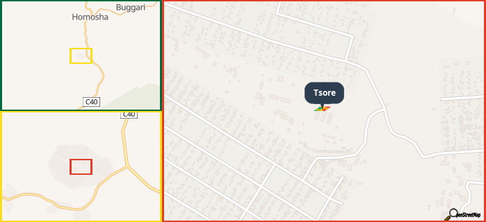 Map showing the address of Tsore in three different zoom levels.