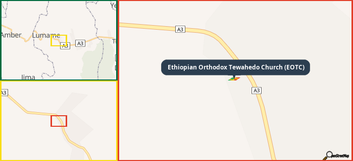 Map showing the address of Ethiopian Orthodox Tewahedo Church (EOTC) in three different zoom levels.