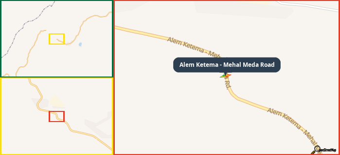 Map showing the address of Alem Ketema - Mehal Meda Road in three different zoom levels.