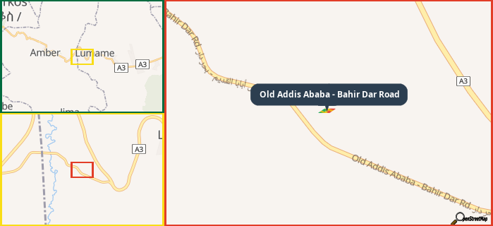 Map showing the address of Old Addis Ababa - Bahir Dar Road in three different zoom levels.