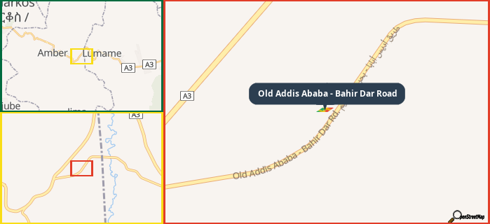 Map showing the address of Old Addis Ababa - Bahir Dar Road in three different zoom levels.