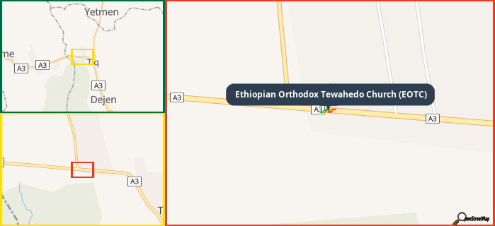 Map showing the address of Ethiopian Orthodox Tewahedo Church (EOTC) in three different zoom levels.
