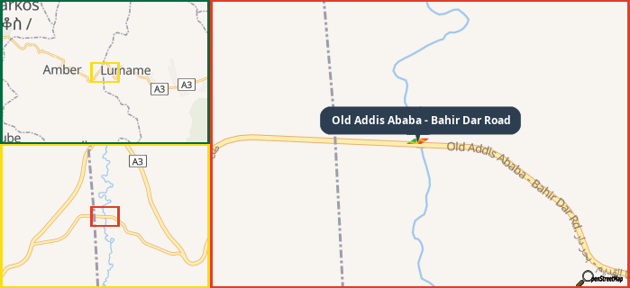 Map showing the address of Old Addis Ababa - Bahir Dar Road in three different zoom levels.