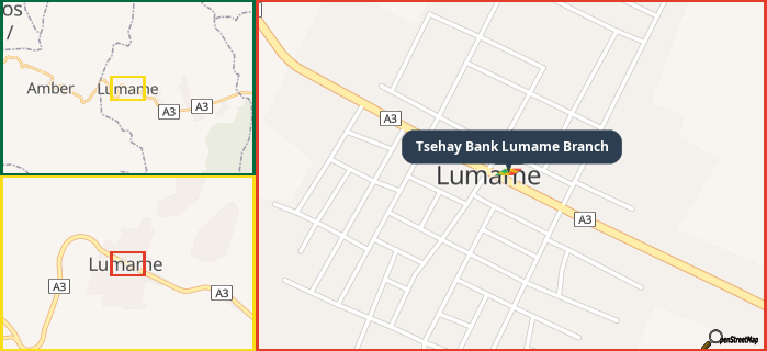 Map showing the address of Tsehay Bank Lumame Branch in three different zoom levels.