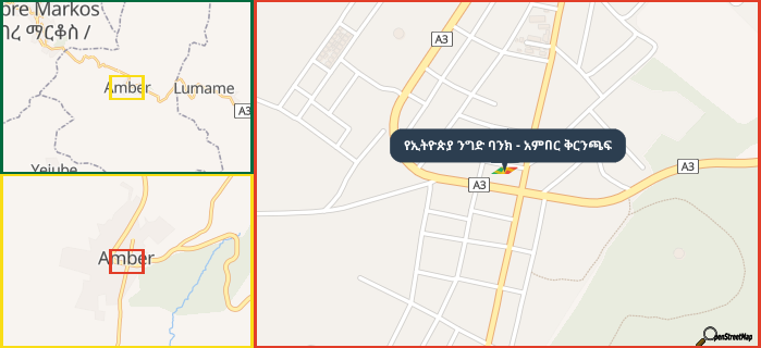 Map showing the address of የኢትዮጵያ ንግድ ባንክ - አምበር ቅርንጫፍ in three different zoom levels.