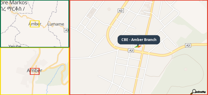 Map showing the address of CBE - Amber Branch in three different zoom levels.