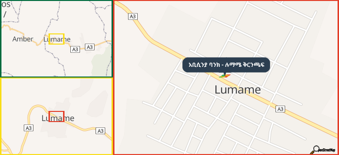 Map showing the address of አቢሲንያ ባንክ - ሉማሜ ቅርንጫፍ in three different zoom levels.