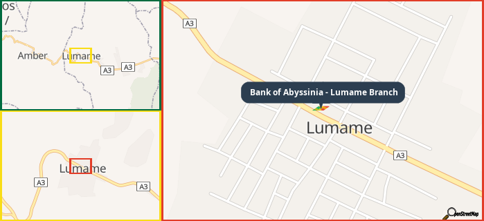 Map showing the address of Bank of Abyssinia - Lumame Branch in three different zoom levels.