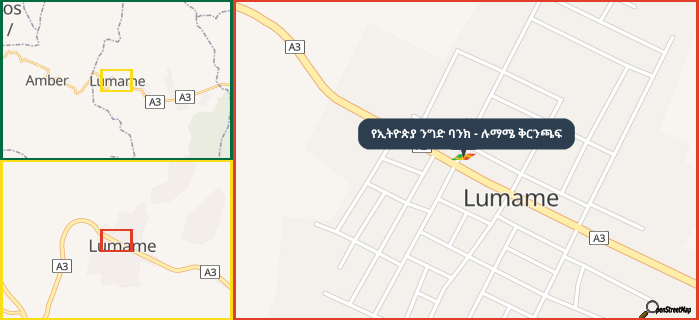 Map showing the address of የኢትዮጵያ ንግድ ባንክ - ሉማሜ ቅርንጫፍ in three different zoom levels.