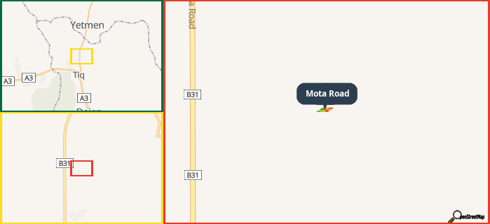 Map showing the address of Mota Road in three different zoom levels.
