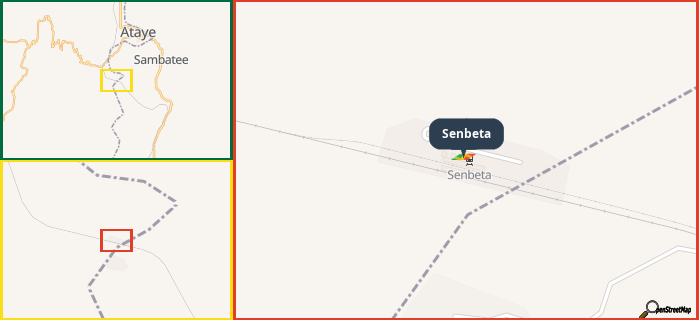 Map showing the address of Senbeta in three different zoom levels.