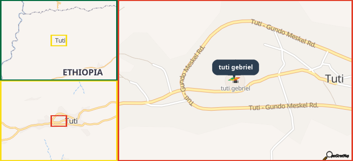 Map showing the address of tuti gebriel in three different zoom levels.