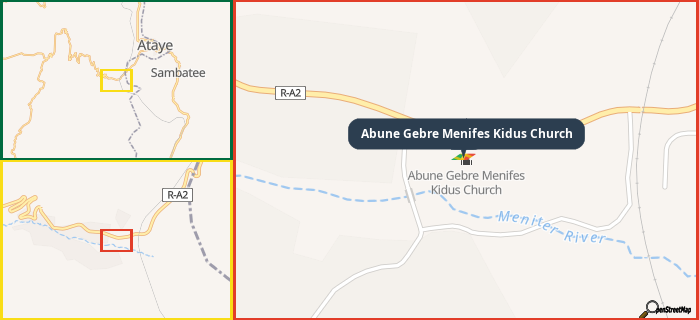 Map showing the address of Abune Gebre Menifes Kidus Church in three different zoom levels.