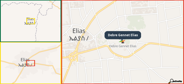 Map showing the address of Debre Gennet Elias in three different zoom levels.