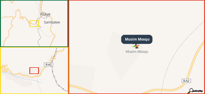 Map showing the address of Musim Mosqu in three different zoom levels.