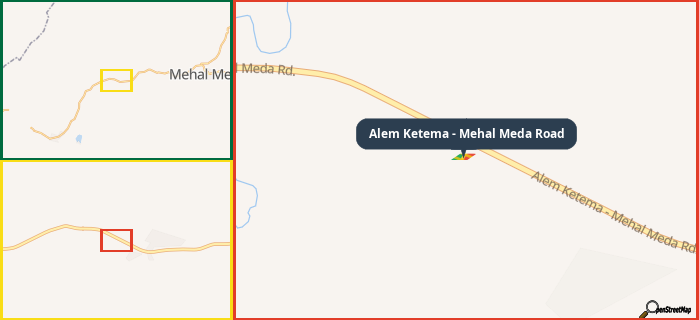 Map showing the address of Alem Ketema - Mehal Meda Road in three different zoom levels.