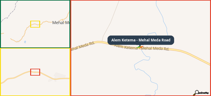 Map showing the address of Alem Ketema - Mehal Meda Road in three different zoom levels.