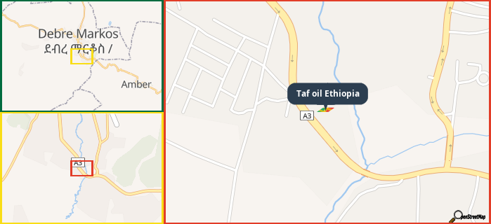 Map showing the address of Taf oil Ethiopia in three different zoom levels.