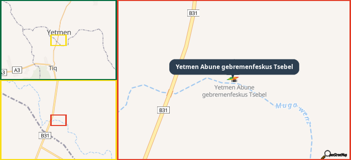 Map showing the address of Yetmen Abune gebremenfeskus Tsebel in three different zoom levels.