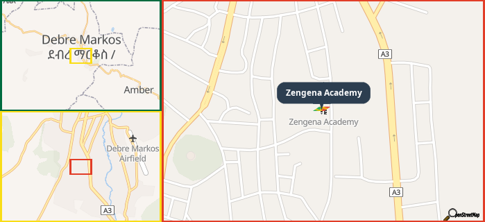 Map showing the address of Zengena Academy in three different zoom levels.