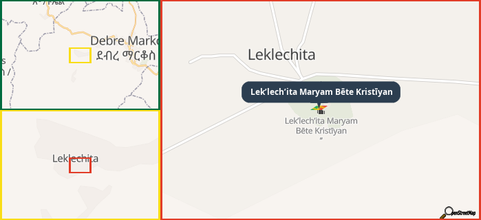 Map showing the address of Lek’lech’ita Maryam Bēte Kristīyan in three different zoom levels.