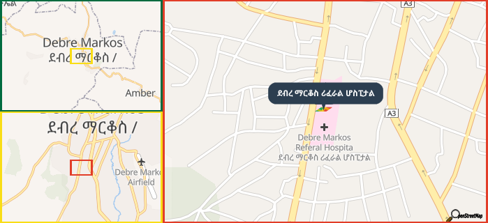 Map showing the address of ደብረ ማርቆስ ሪፈራል ሆስፒታል in three different zoom levels.