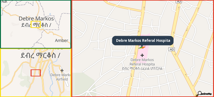 Map showing the address of Debre Markos Referal Hospita in three different zoom levels.