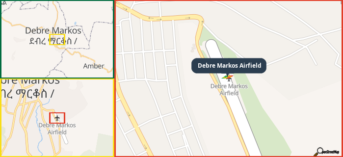 Map showing the address of Debre Markos Airfield in three different zoom levels.