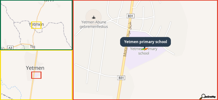 Map showing the address of Yetmen primary school in three different zoom levels.