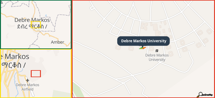 Map showing the address of Debre Markos University in three different zoom levels.