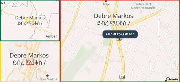Map showing the address of አዲስ መድኃኒት መደብር in three different zoom levels.
