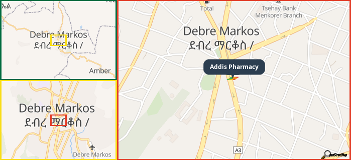 Map showing the address of Addis Pharmacy in three different zoom levels.