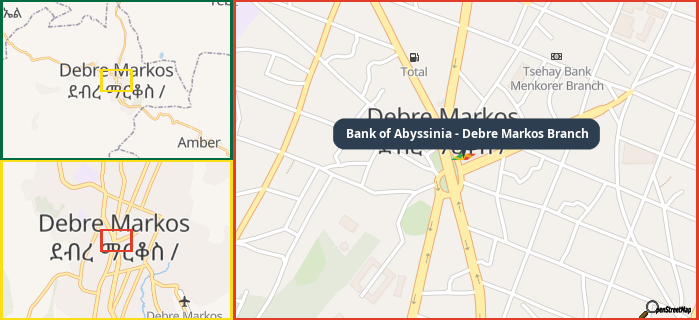 Map showing the address of Bank of Abyssinia - Debre Markos Branch in three different zoom levels.