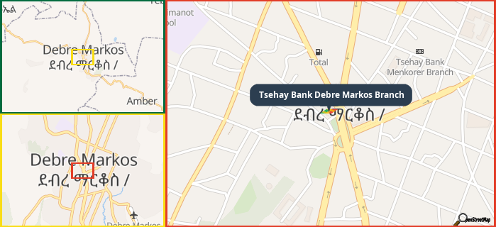 Map showing the address of Tsehay Bank Debre Markos Branch in three different zoom levels.