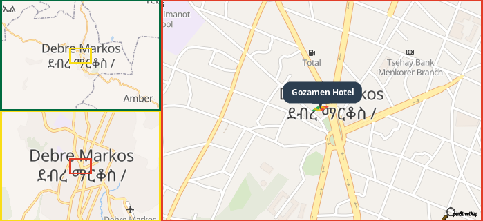 Map showing the address of Gozamen Hotel in three different zoom levels.