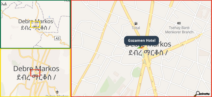 Map showing the address of Gozamen Hotel in three different zoom levels.