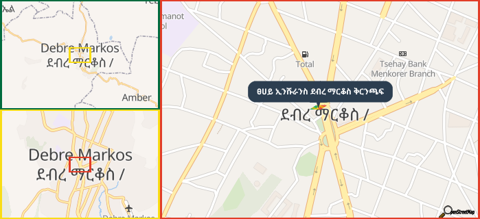 Map showing the address of ፀሀይ ኢንሹራንስ ደብረ ማርቆስ ቅርንጫፍ in three different zoom levels.