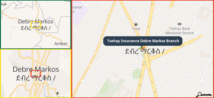 Map showing the address of Tsehay Insurance Debre Markos Branch in three different zoom levels.