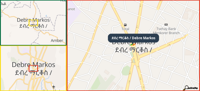 Map showing the address of ደብረ ማርቆስ / Debre Markos in three different zoom levels.