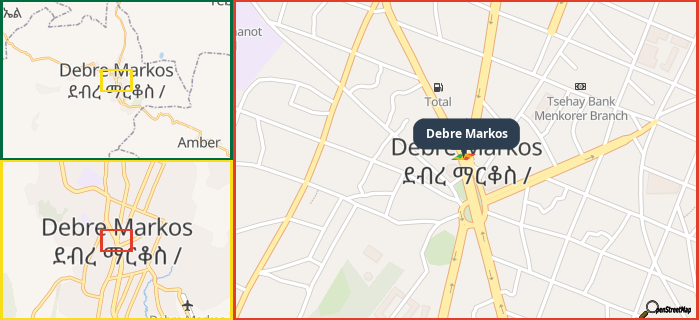 Map showing the address of Debre Markos in three different zoom levels.